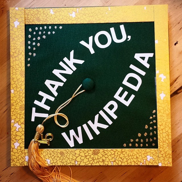 Decorated graduation cap that says "thank you wikipedia"
