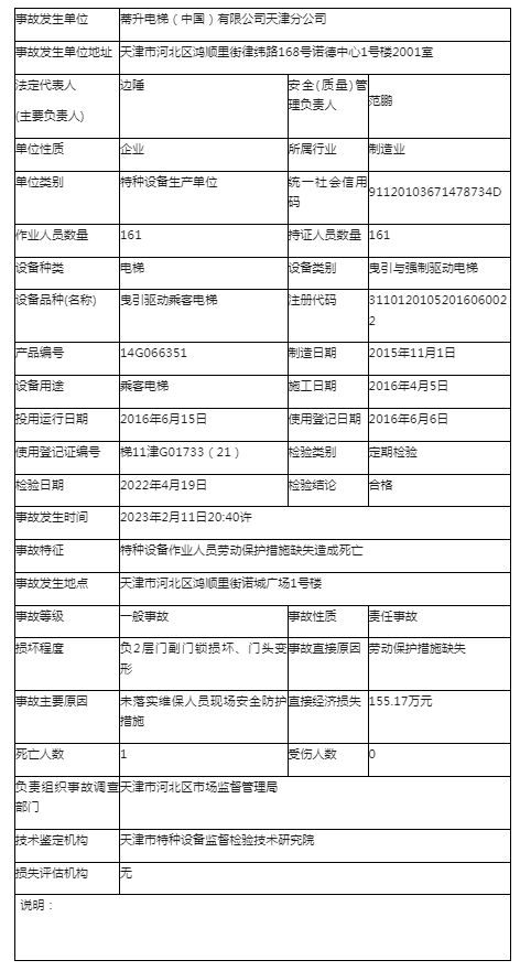 麻将胡了试玩在线网站免费日立电梯蒂升维保过程发生挤压事故造成一名维保技术员死亡附